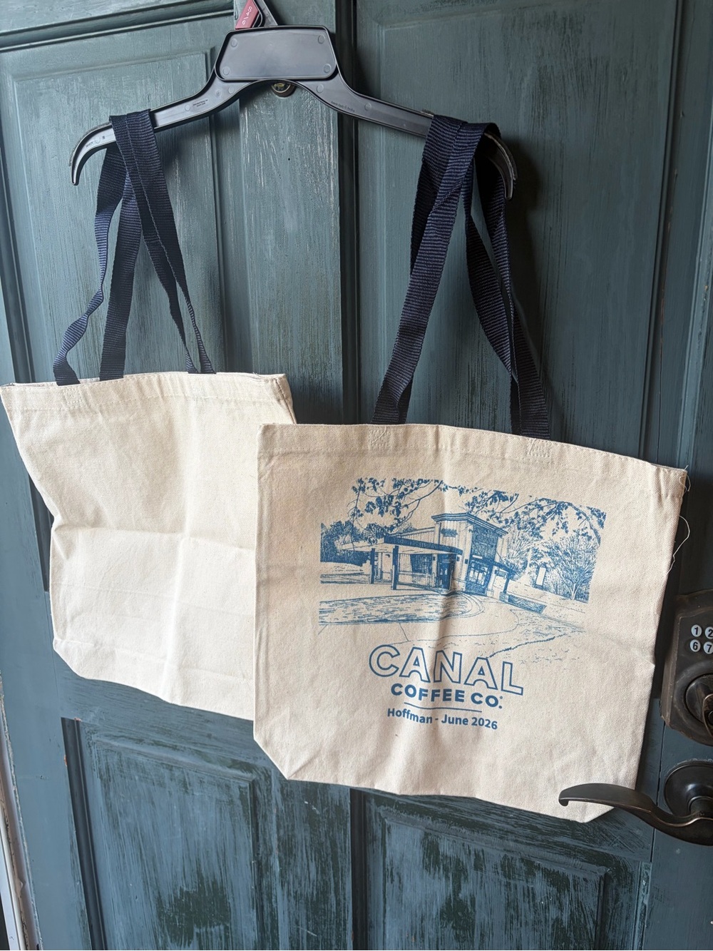 2 pack-Canal Coffee Co. Canvas Tote Bag in Natural with Blue Print